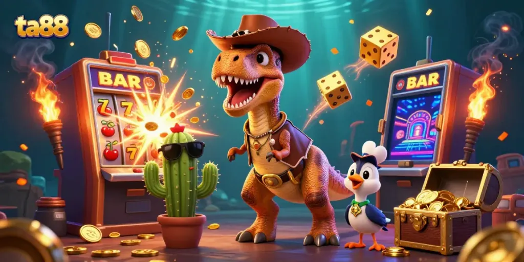 Enter the thrilling world of ta88 with a vibrant 3D illustration featuring dynamic casino elements and characters.