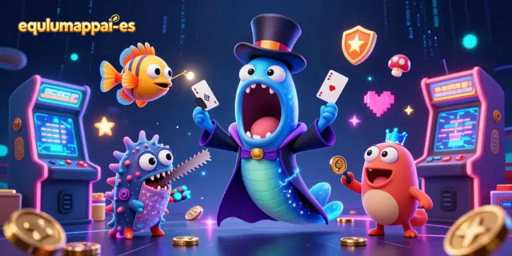 Experience the thrill of equlumappai-es as a deep-sea gulper eel performs card tricks amidst vibrant casino elements.