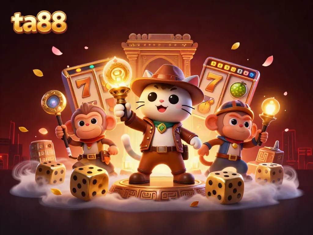 Experience thrilling casino adventures with ta88 in a vibrant 3D illustration featuring an explorer and monkey.