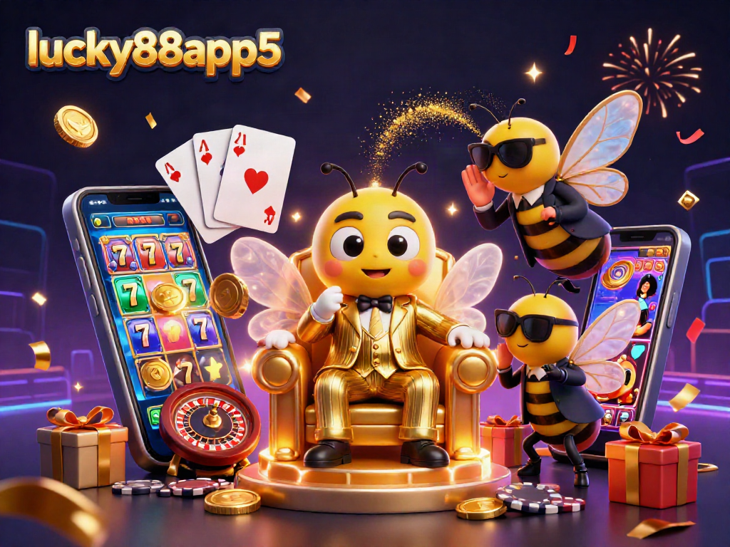 Engage with lucky88app5 and immerse in a vibrant casino scene with cartoon characters amidst celebratory elements.