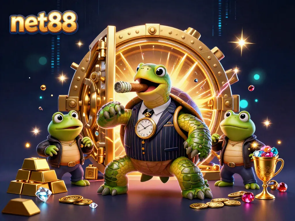Experience the vibrant excitement of net88 with a cartoon turtle mobster and frog enforcers amidst sparkling jewels and casino lights.