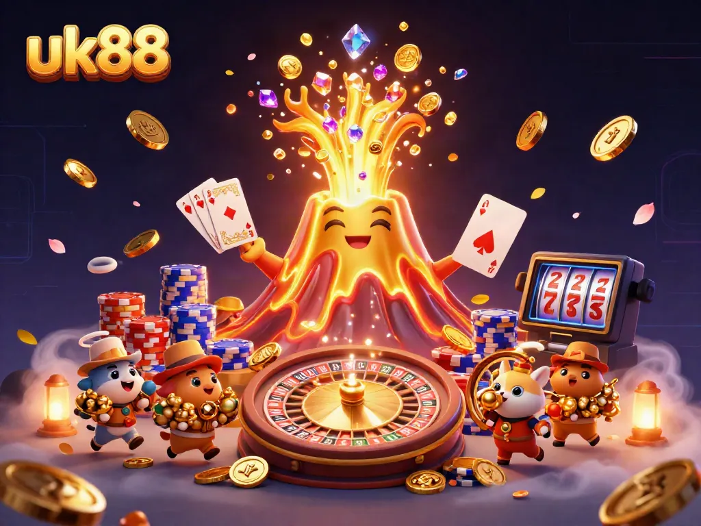 Win big with uk88 at the casino where golden coins and treasures erupt from a triumphant volcano.