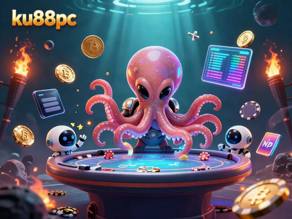 Engage with exciting gameplay at ku88pc, featuring an alien octopus managing a poker game with orbiting tokens.