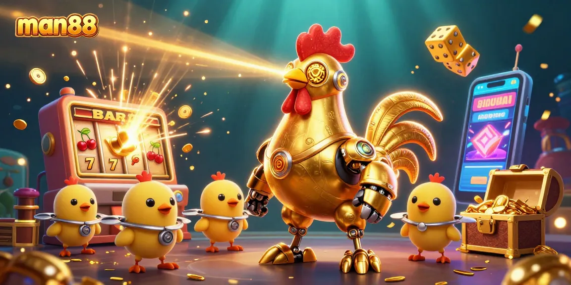 man88 showcases the vibrant thrill of slot gaming with dazzling robots and dynamic casino elements.
